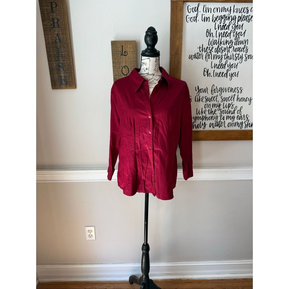 Fred David Women's Collared Cotton Blend Button Up Shirt Deep Red Size Petite XL